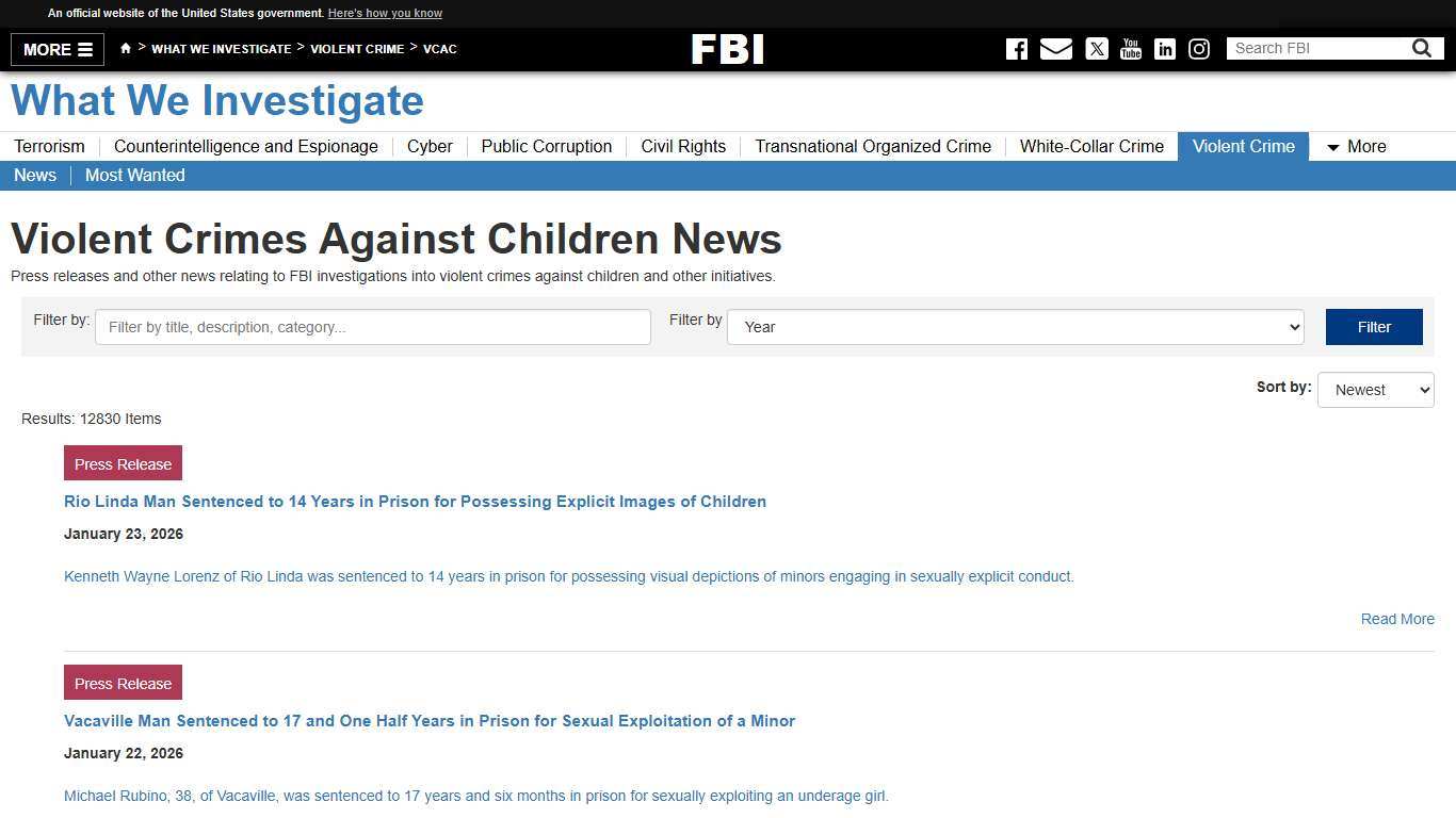 Violent Crimes Against Children News — FBI